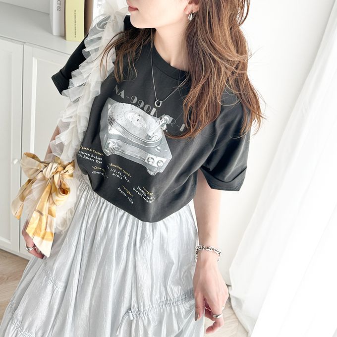 日本 Classical Elf - 純棉率性燙銀印花T恤-黑膠點唱機-炭灰