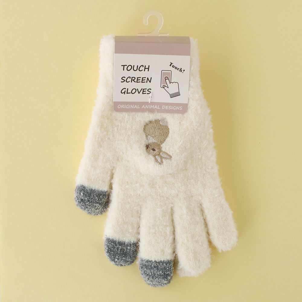 日本 TOMO - (大人)可觸控可愛動物毛絨保暖手套-小灰兔-米