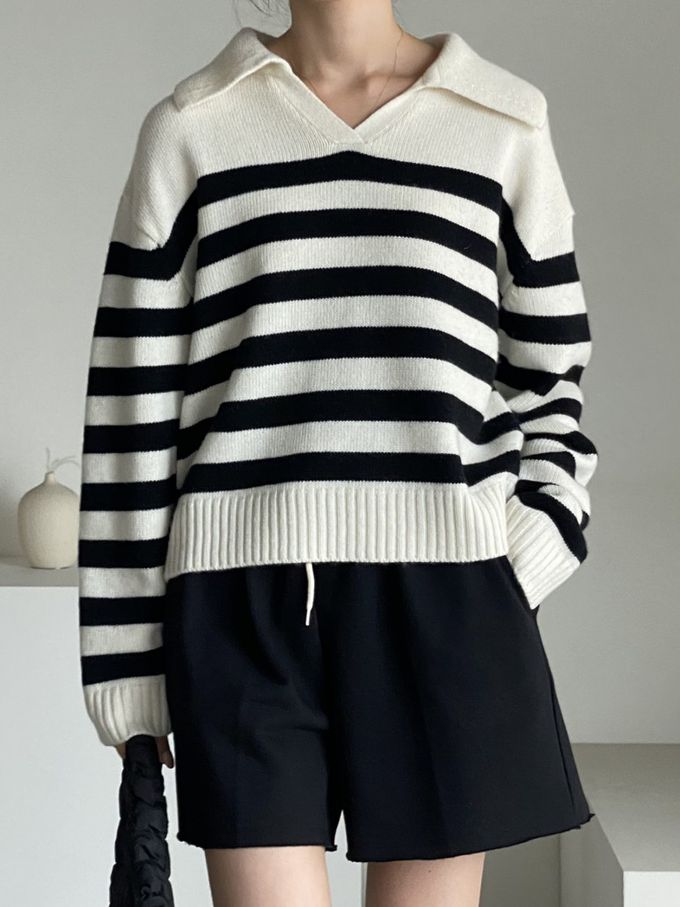 韓國女裝連線 - 精選美麗諾羊毛翻領上衣-米白底X黑條紋 (FREE)