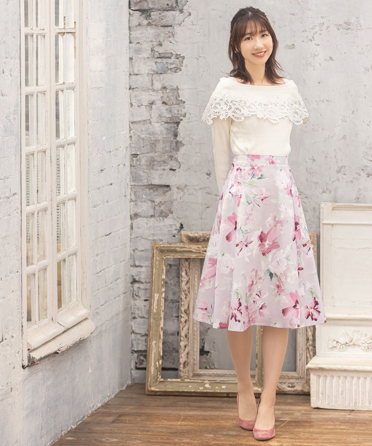 日本 tocco-closet - 氣質蕾絲拼接針織上衣-天使白