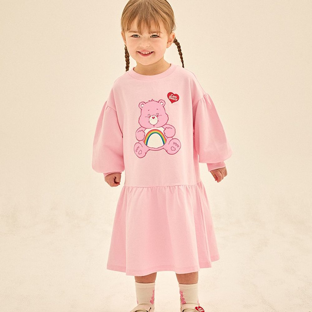 聯名款大彩虹熊熊圖案長袖洋裝-粉