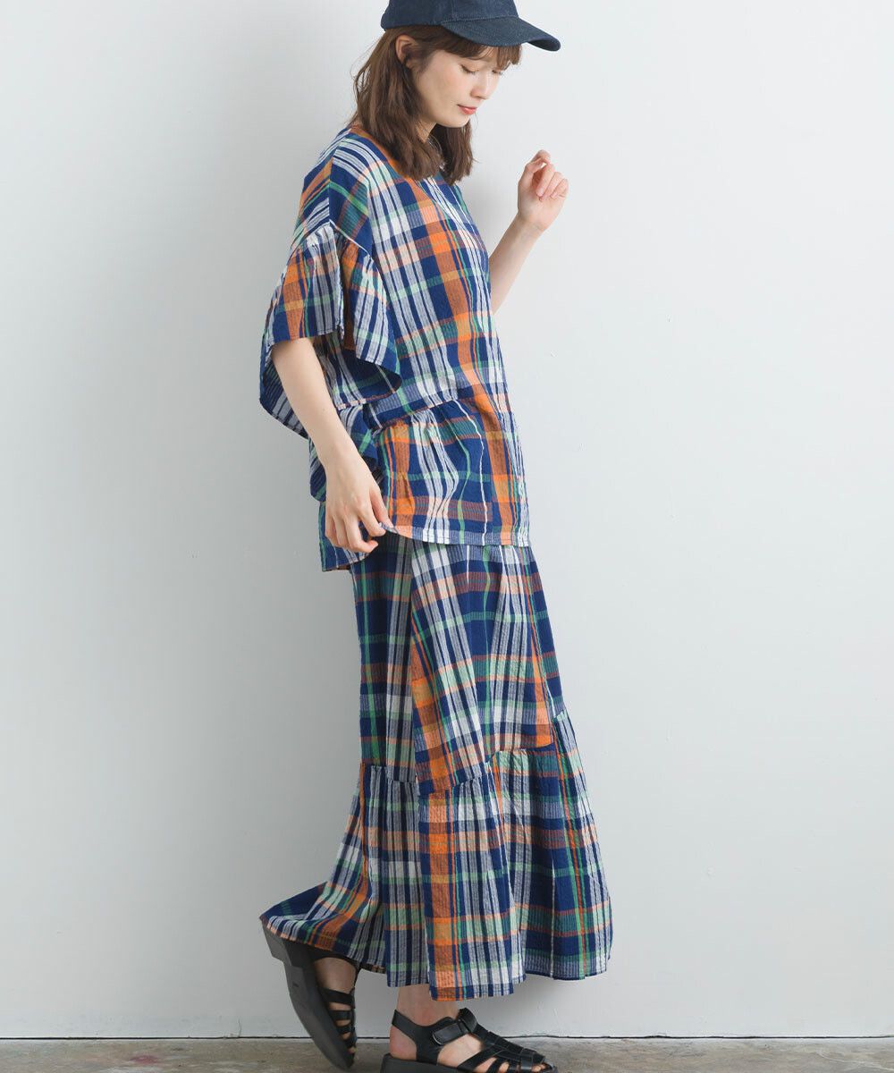 日本女裝代購 - 100%印度棉 超透氣飄逸長裙-大格紋-淺米杏