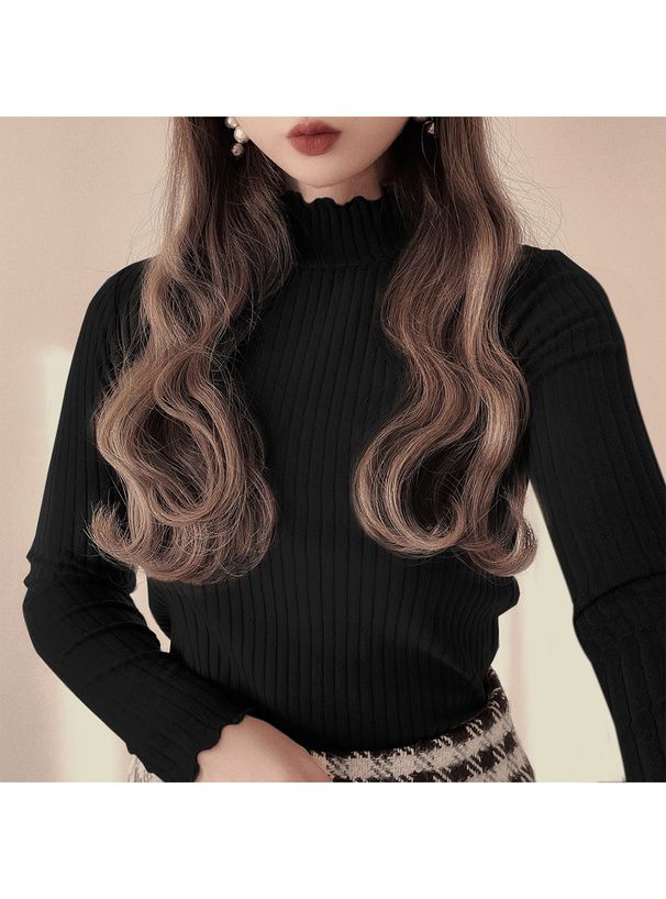 日本 GRL - 百搭木耳領羅紋長袖上衣-白