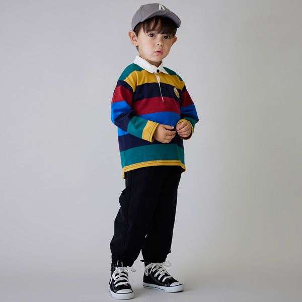 日本 petit main - 美式足球風氣質長袖POLO衫-刺繡小熊-黑米杏