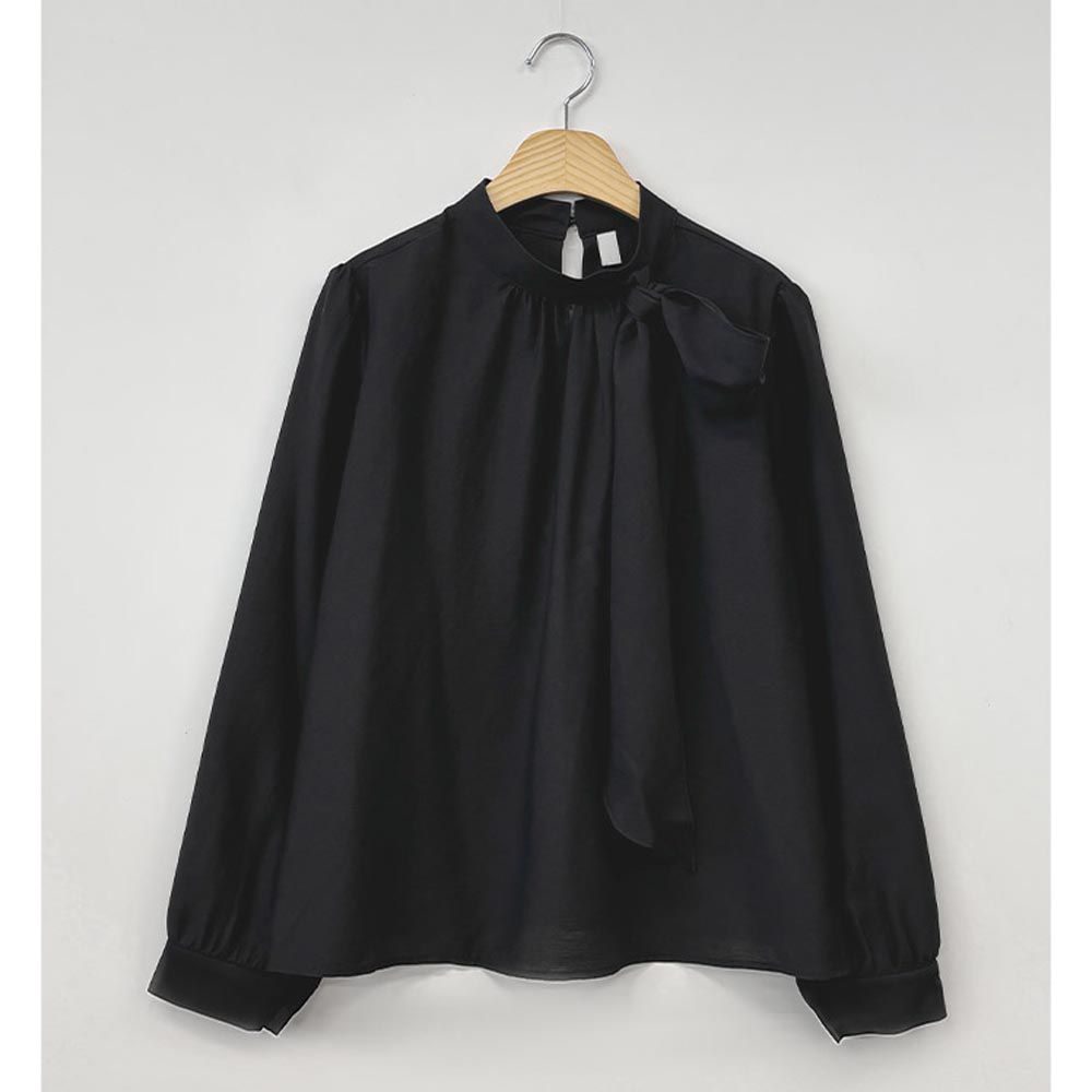 韓國 Urbantheroom - 微透綁帶裝飾長袖襯衫-黑 (FREE)