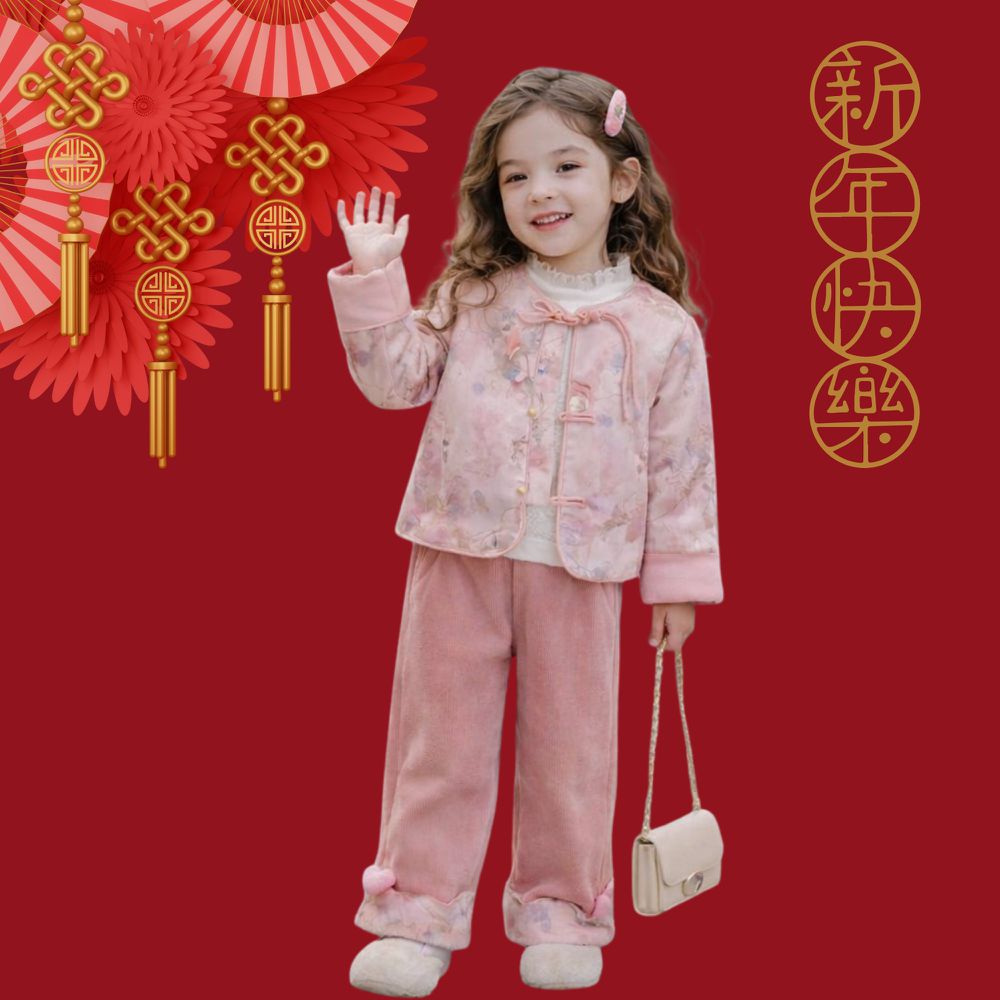 新年過年柔美花朵印花盤釦外套坑條長褲套裝-外套+長褲-粉色