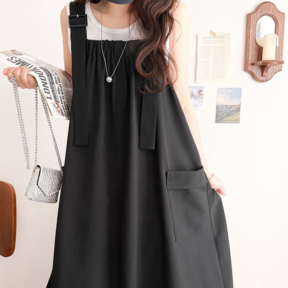 清爽亞麻質感工裝寬吊帶洋裝-黑