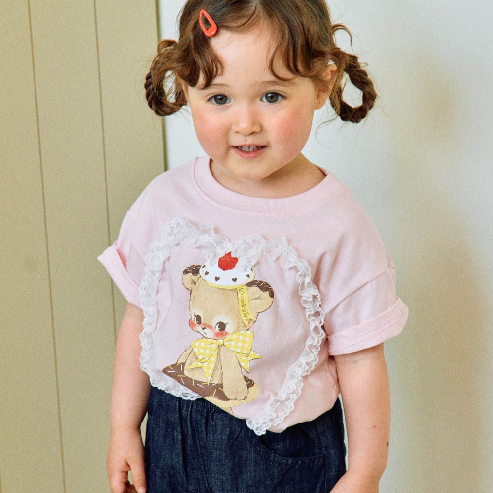 甜點熊蕾絲愛心裝飾短袖上衣-淺粉