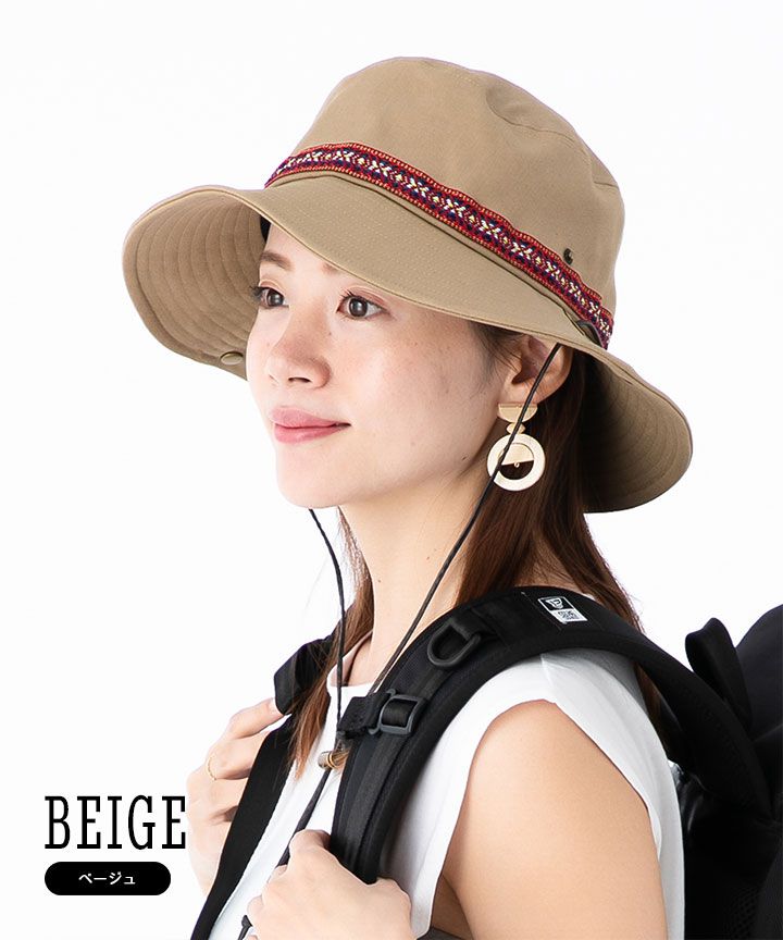 日本 irodori - 抗UV民族風圖騰撞色遮陽帽(附防風帽帶)-杏