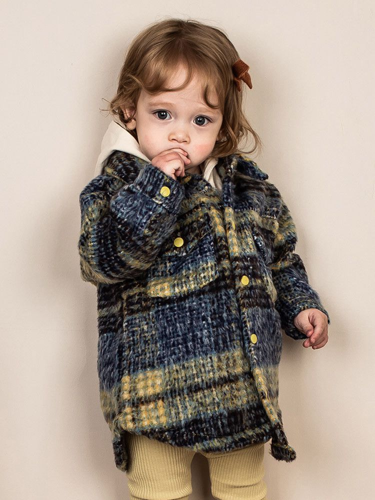 韓國Pimpollo - 藍格紋襯衫型保暖外套-黃