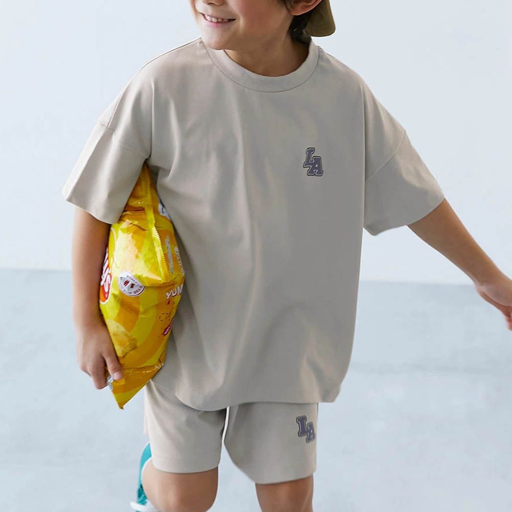 接觸涼感 寬版清爽短袖套裝-LA-淺灰