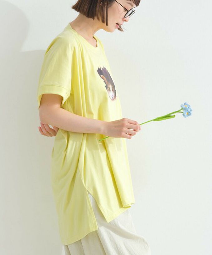 日本 Lupilien - 療癒休閒感落肩長版T恤-貓咪照片-白