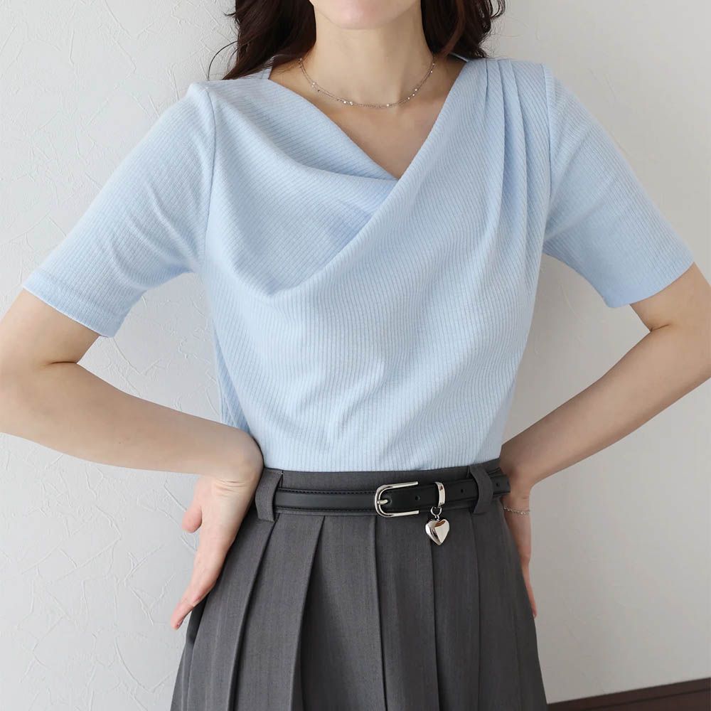 美型羅紋皺摺V領短袖上衣-水藍