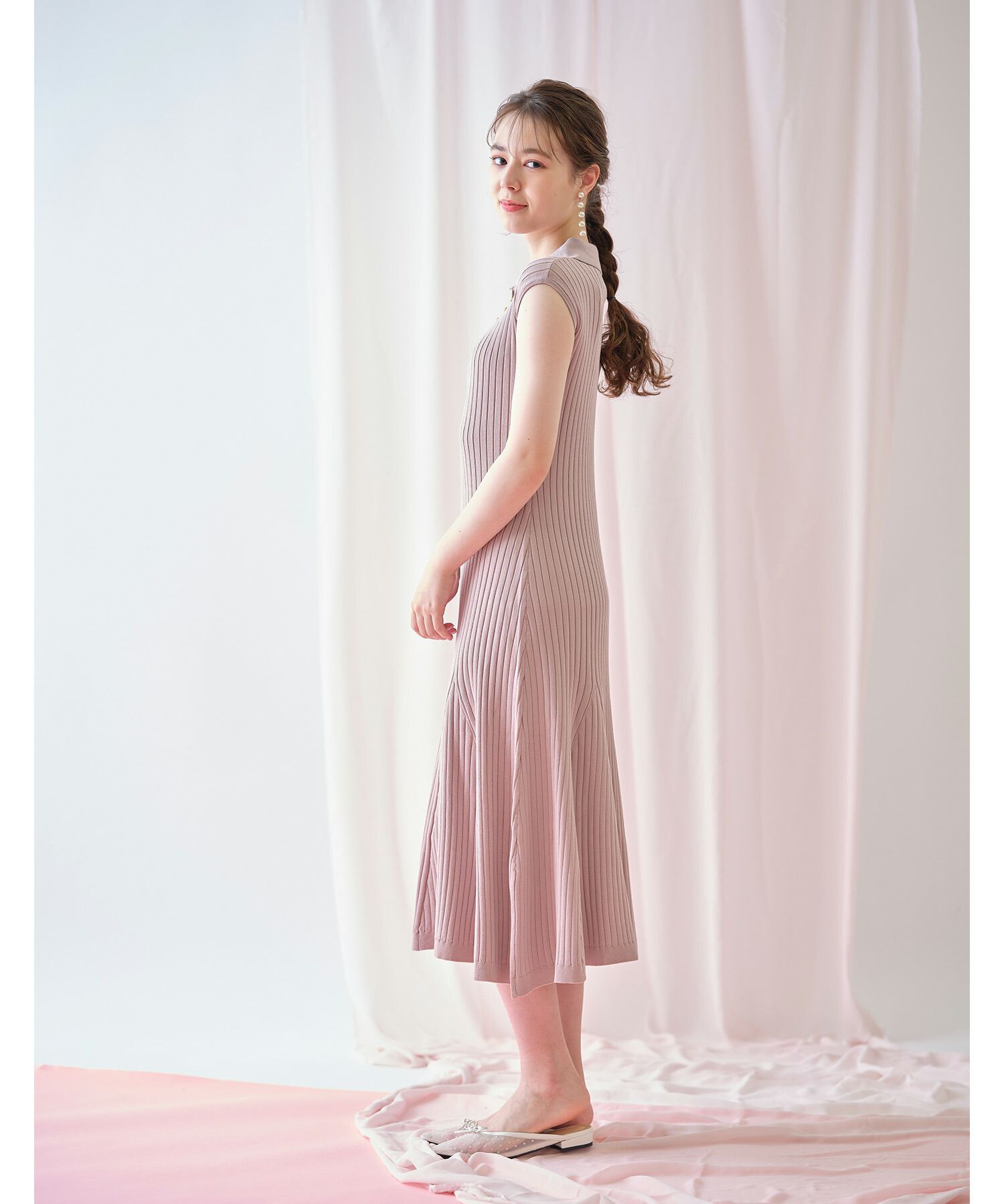 日本 tocco-closet - 直羅紋翻領修身洋裝-海軍藍