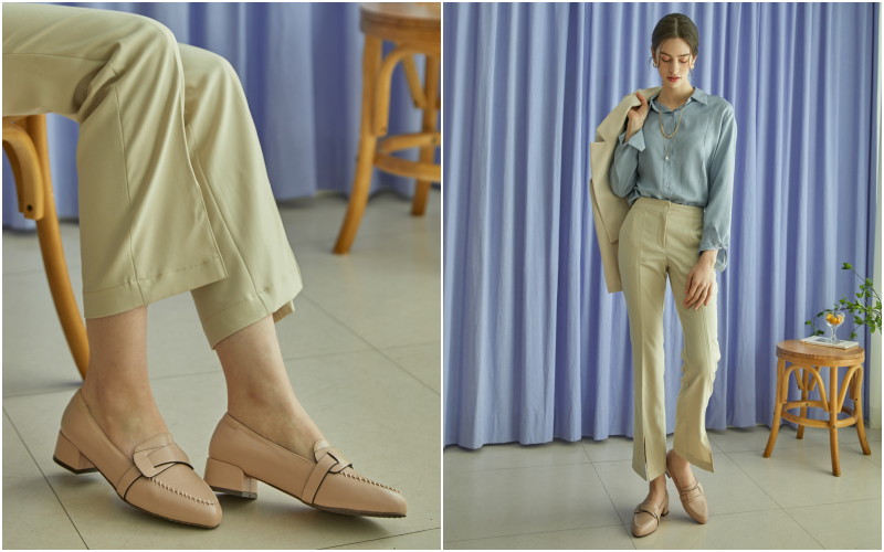 韓國 PINKELEPHANT - 毛邊縫紋路低跟包鞋(3.5cm)-杏