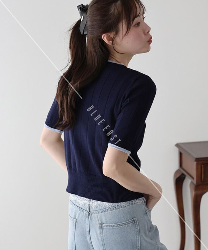 日本 BLUE EAST - 羅紋彈性薄針織五分袖上衣-嫩粉紅