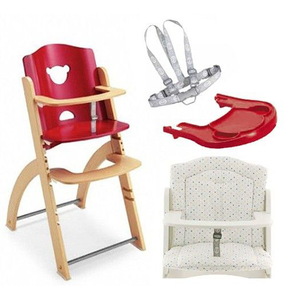 義大利 Pali - Pappy Re 熊寶寶成長餐椅組-紅色-含點點坐墊、紅色小熊餐盤、安全帶