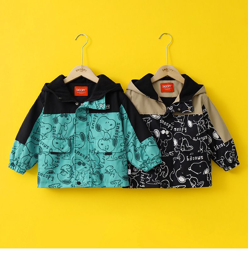 卡通人物史努比加絨連帽防風外套/衝鋒外套-滿印SNOOPY-藍綠色