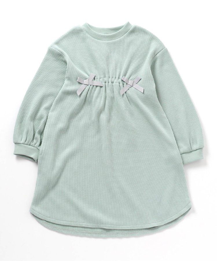 日本 apres les cours - 甜美華夫格長袖洋裝-緞帶裝飾-薄荷綠