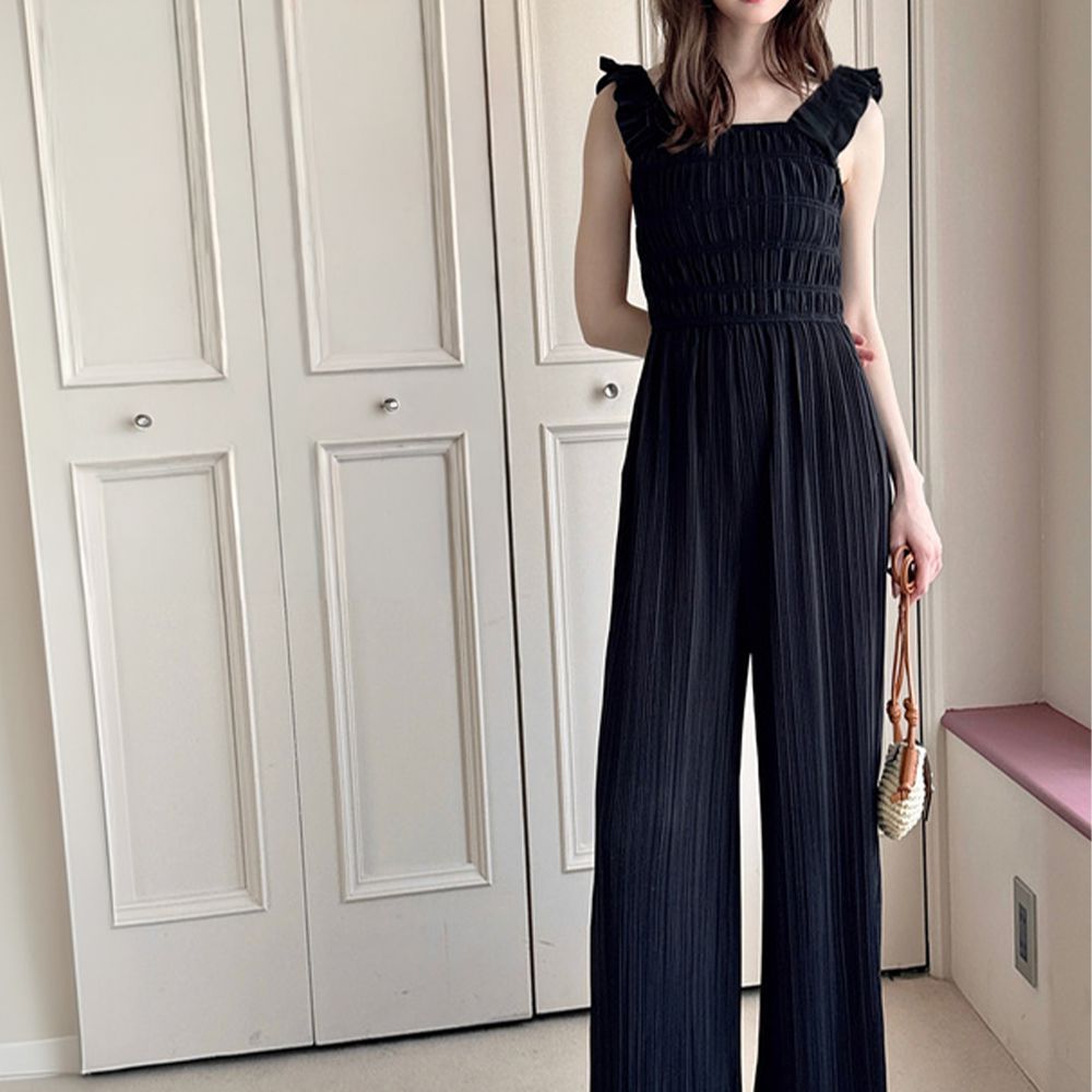 荷葉肩流線皺摺修長連身褲-黑