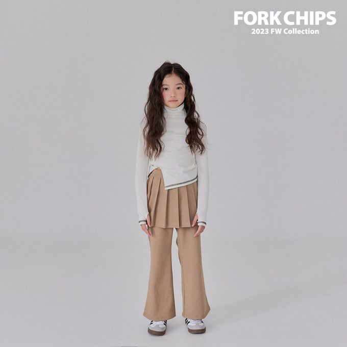 韓國 FORK CHIPS - 鬆緊腰裝飾百褶裙微喇叭長褲-卡其