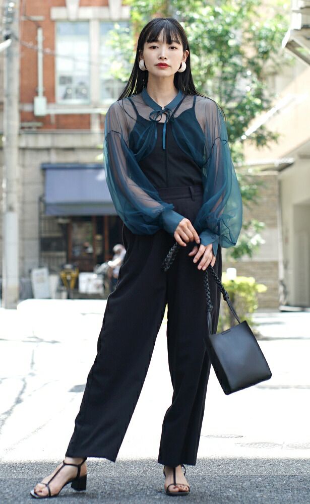 日本 zootie - 優雅透明薄紗綁帶長袖上衣-黑