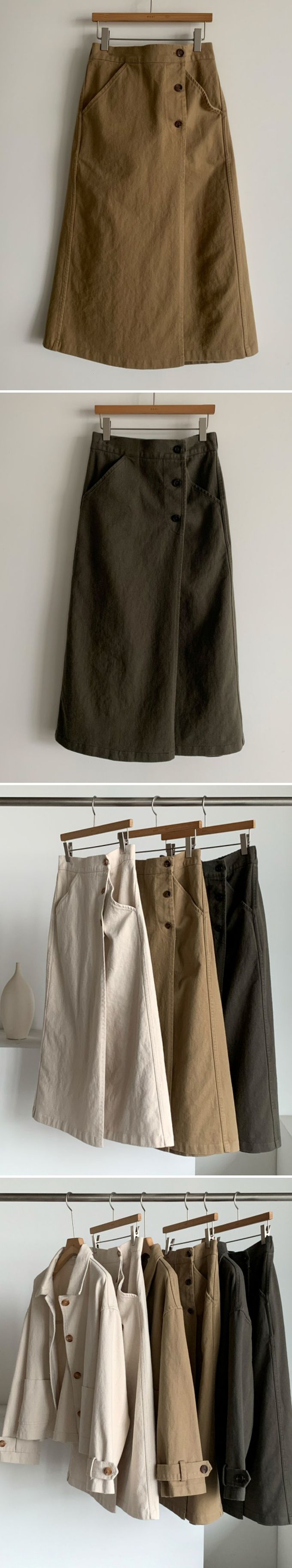 韓國女裝連線 - 後鬆緊鈕扣點綴A字長裙-卡其 (FREE)