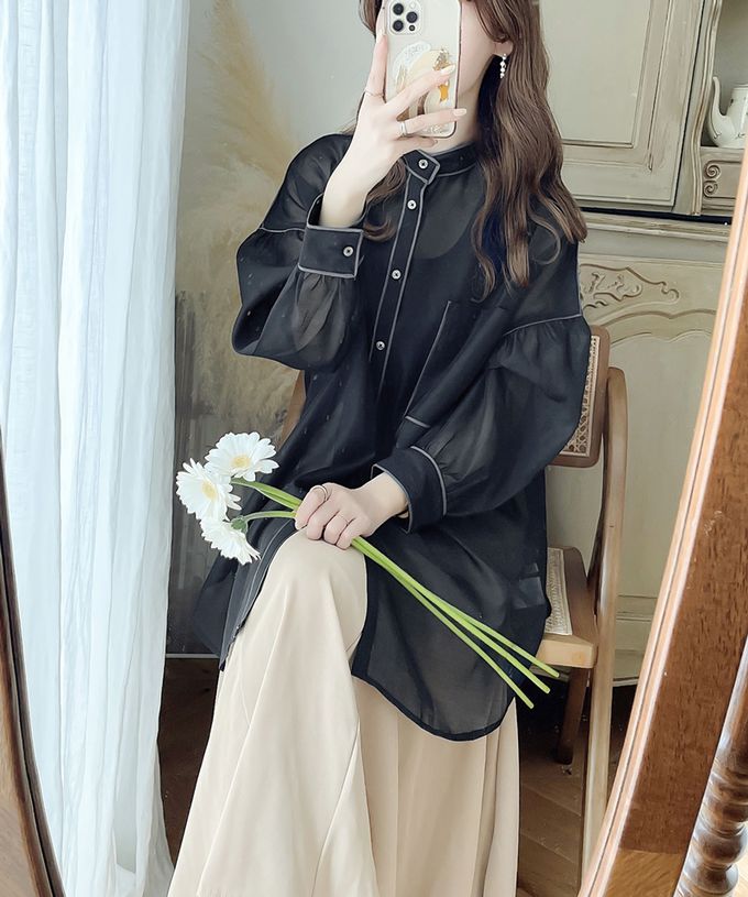 日本 Classical Elf - 優雅滾邊透膚感長袖襯衫-咖啡