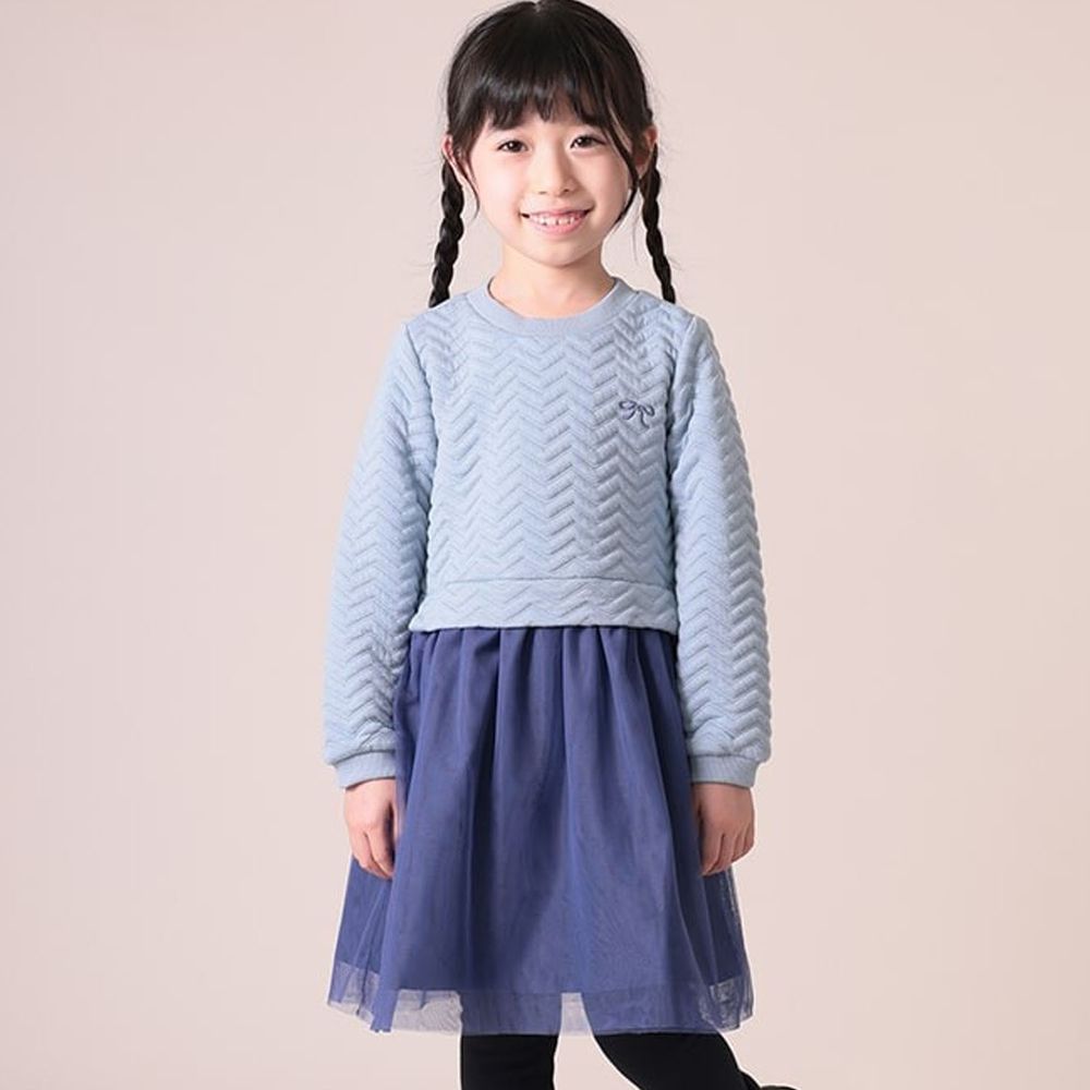 日本 TORIDORY - 異材質拼接薄紗長袖洋裝-立體波紋-藍