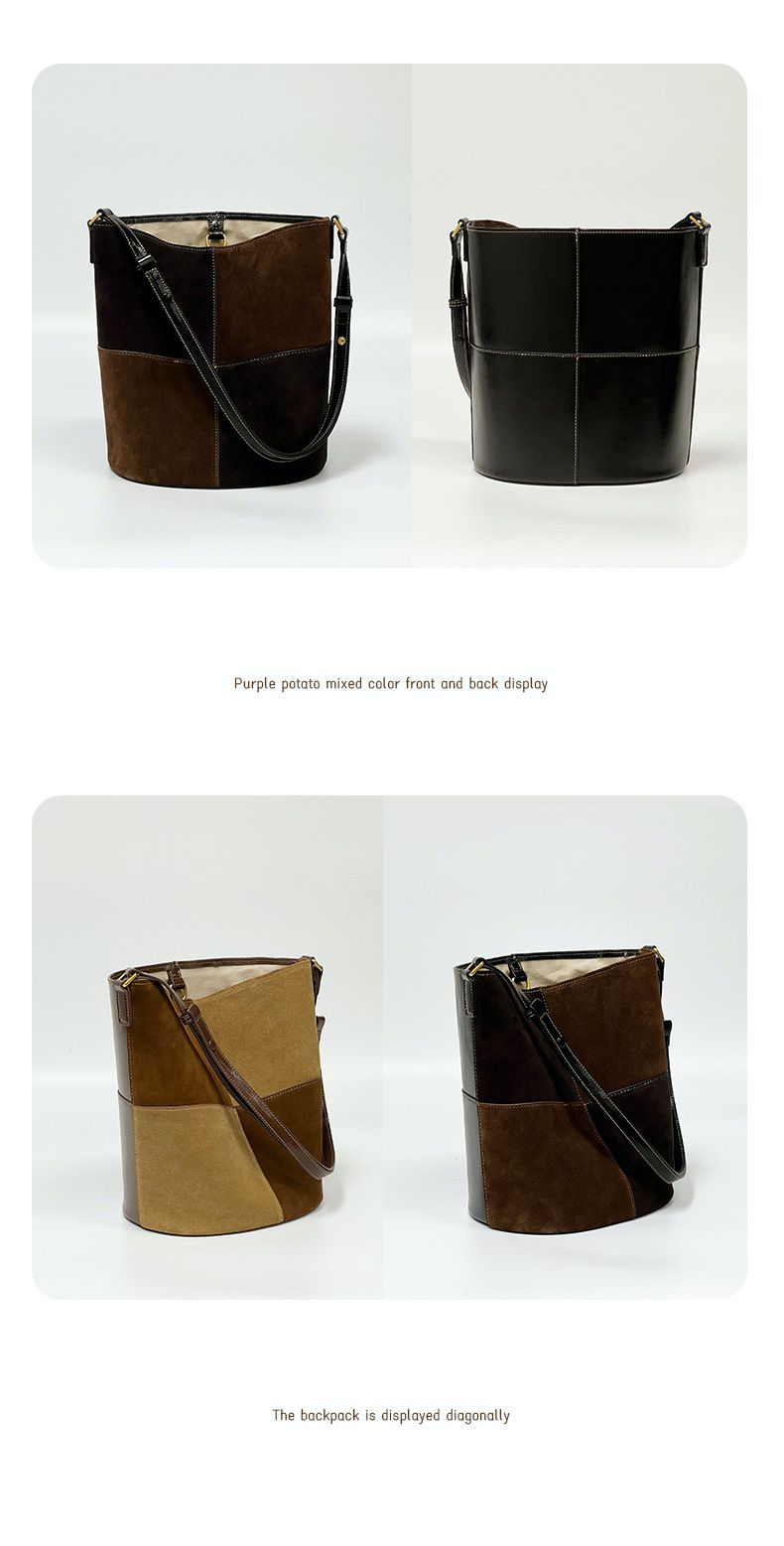 真皮拼接大容量水桶包-淺咖啡色 (27x17.5x22cm)