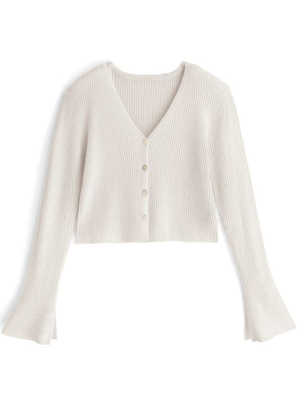 日本 GRL - 早春款V領花朵袖羅紋上衣/薄外套-天使白