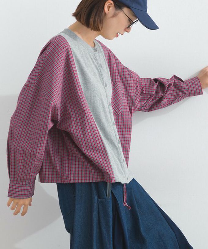 日本 Lupilien - 可愛格子拼接裏毛休閒襯衫-深灰x紅