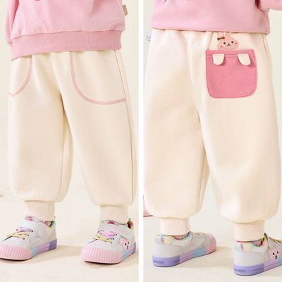 CUTEPANDA'S - 腰鬆緊運動休閒長褲-後立體拼色口袋-米杏色