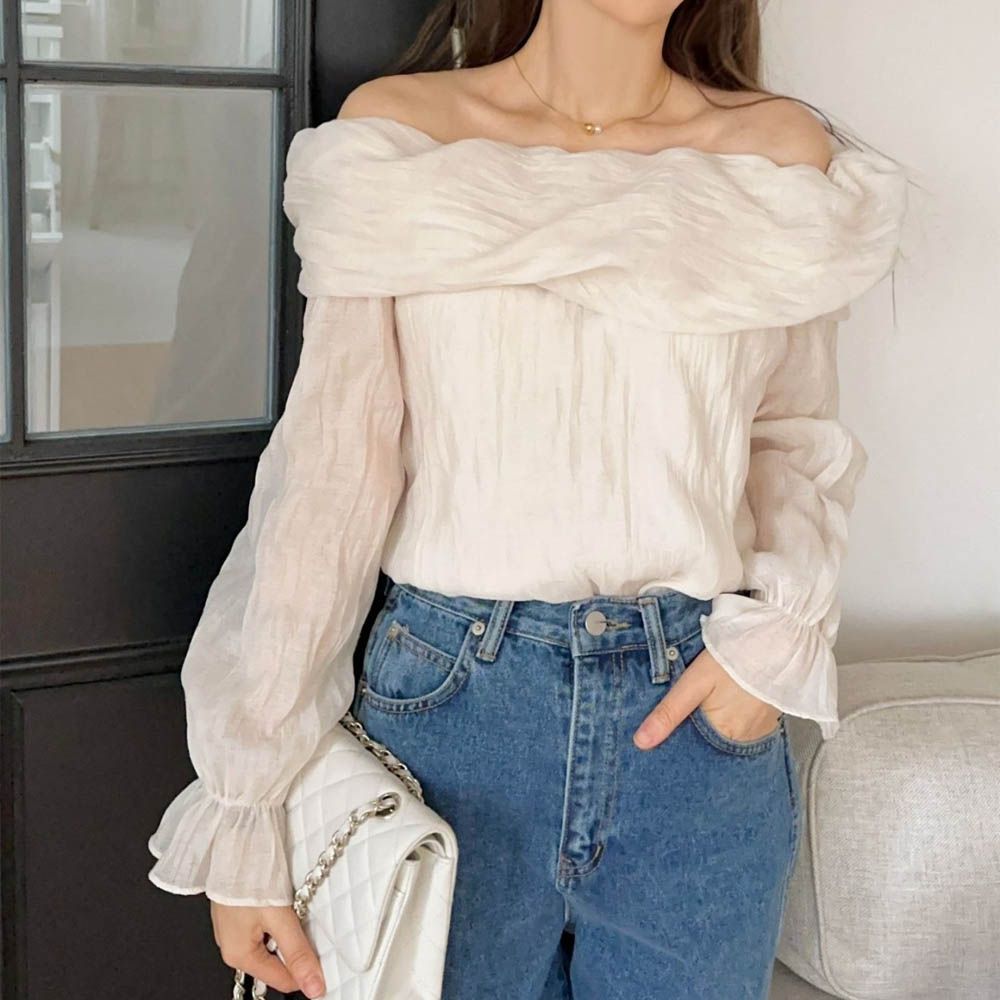 夢幻皺摺感平口雪紡襯衫-象牙白 (FREE)