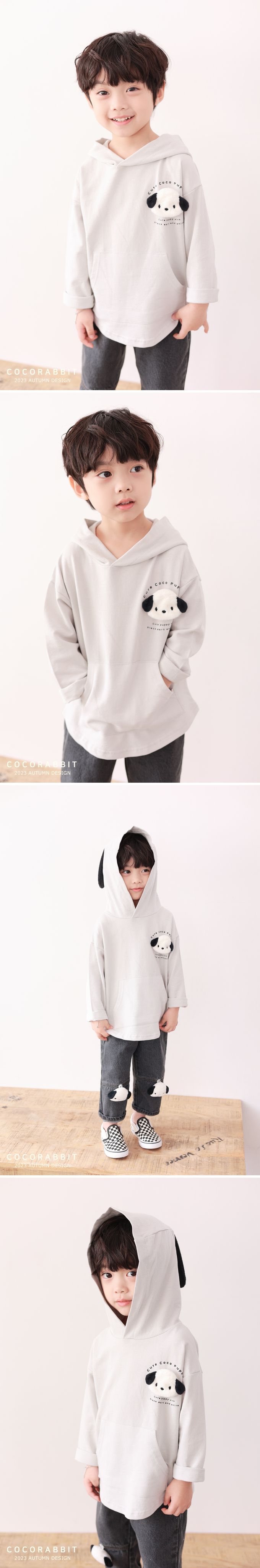 韓國 Coco rabbit - 小白狗耳朵裝飾連帽上衣-淺灰