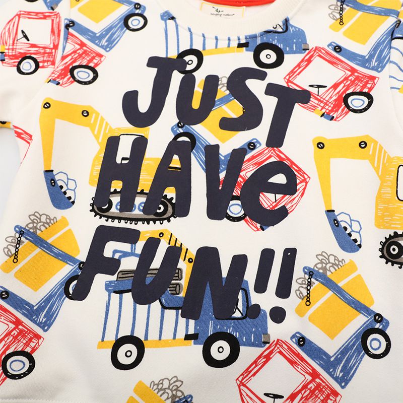 Jumping meters - 圓領棉質長袖上衣/大學T-英文字塗鴉工程車-米白色