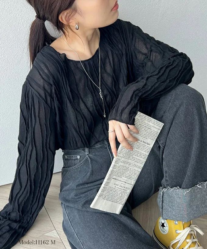 日本 Classical Elf - 圓領波紋透感長袖上衣-深灰藍