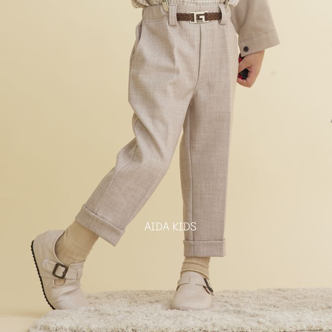 韓國 AIDA - 裝飾腰帶鬆緊腰直筒長褲-奶茶