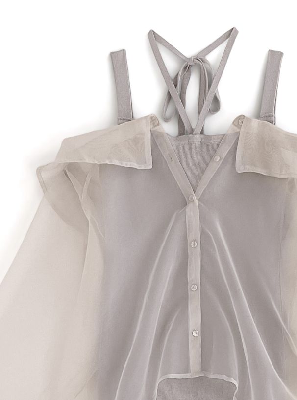 日本 GRL - 浪漫透膚吊帶針織兩件式洋裝-淺灰棕