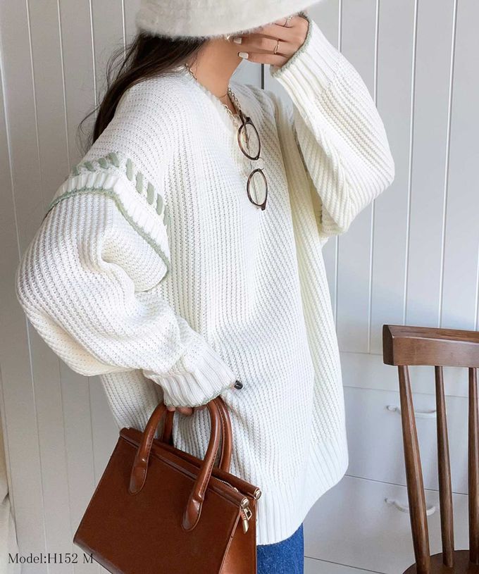 日本 Classical Elf - Java 落肩滾邊縫線粗針織長上衣-卡其x橘