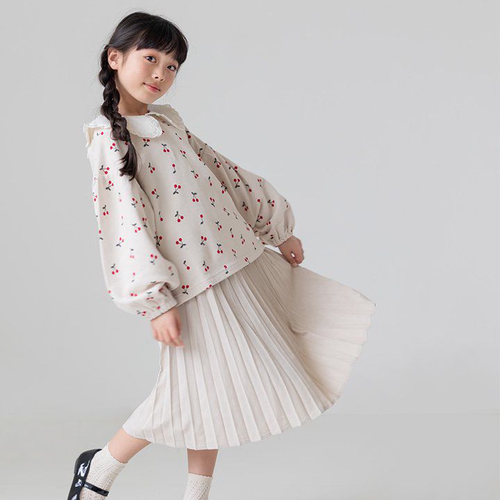 日本 Chil2 - 文藝荷葉領泡泡長袖上衣-花朵-薄荷