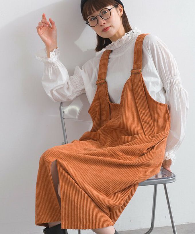 日本 Lupilien - 可愛厚實燈芯絨開叉吊帶裙-藍