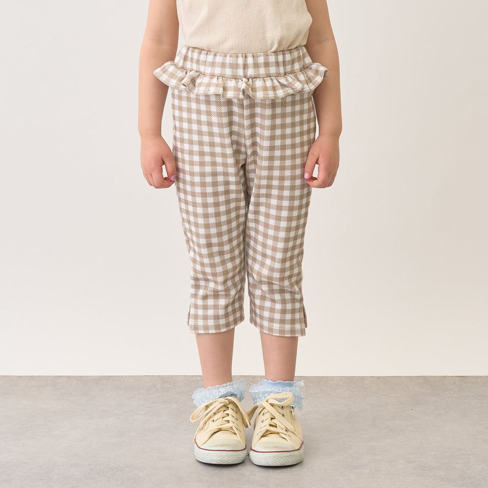 腰間QQ荷葉百搭好動七分褲-格子x卡其