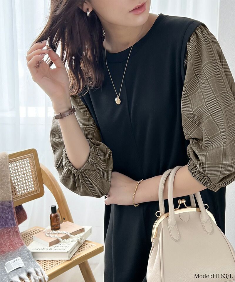 日本 Classical Elf - 優雅泡泡拼接袖修身洋裝-黑x黑