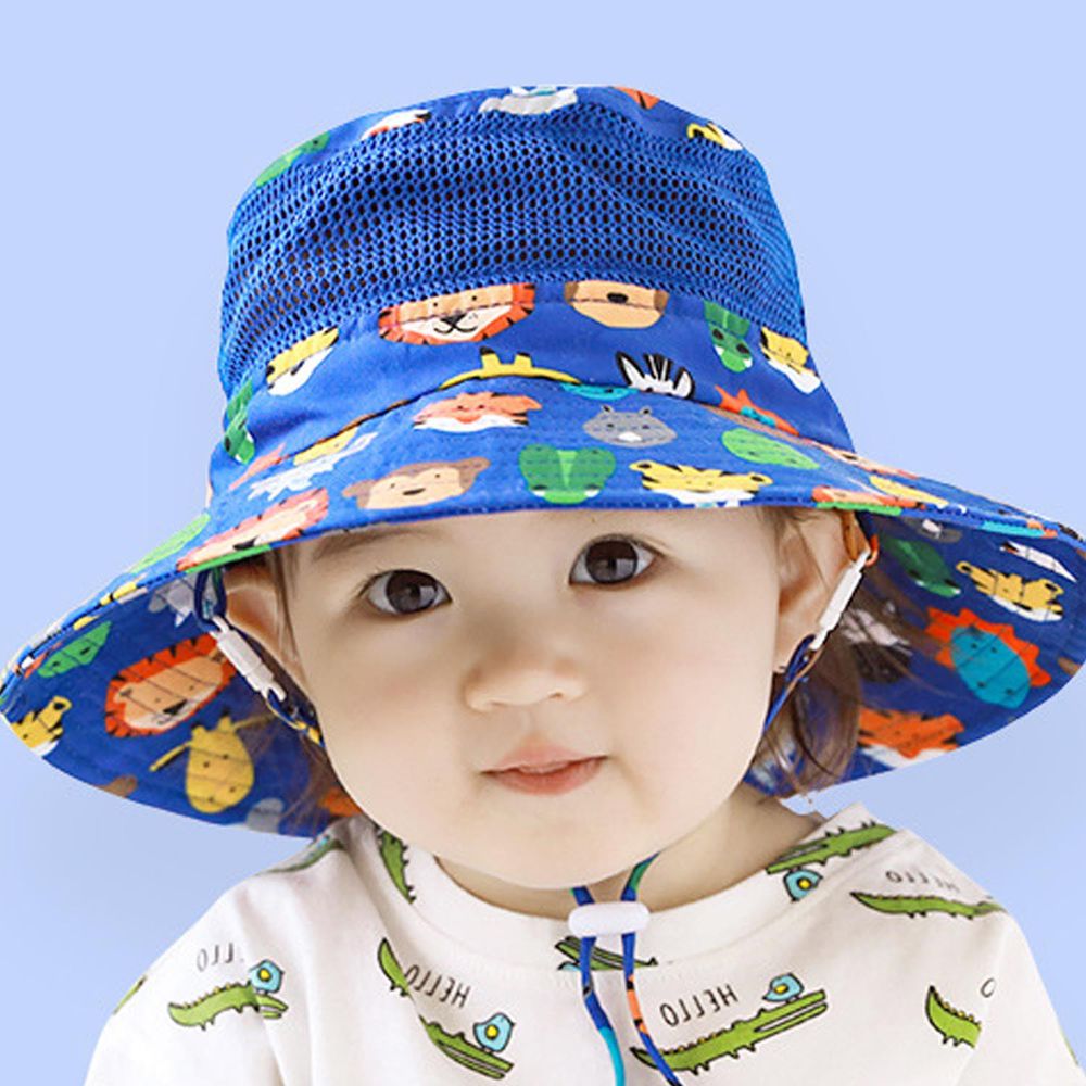 可調節兒童大帽簷防曬遮陽帽-動物樂園-深藍色