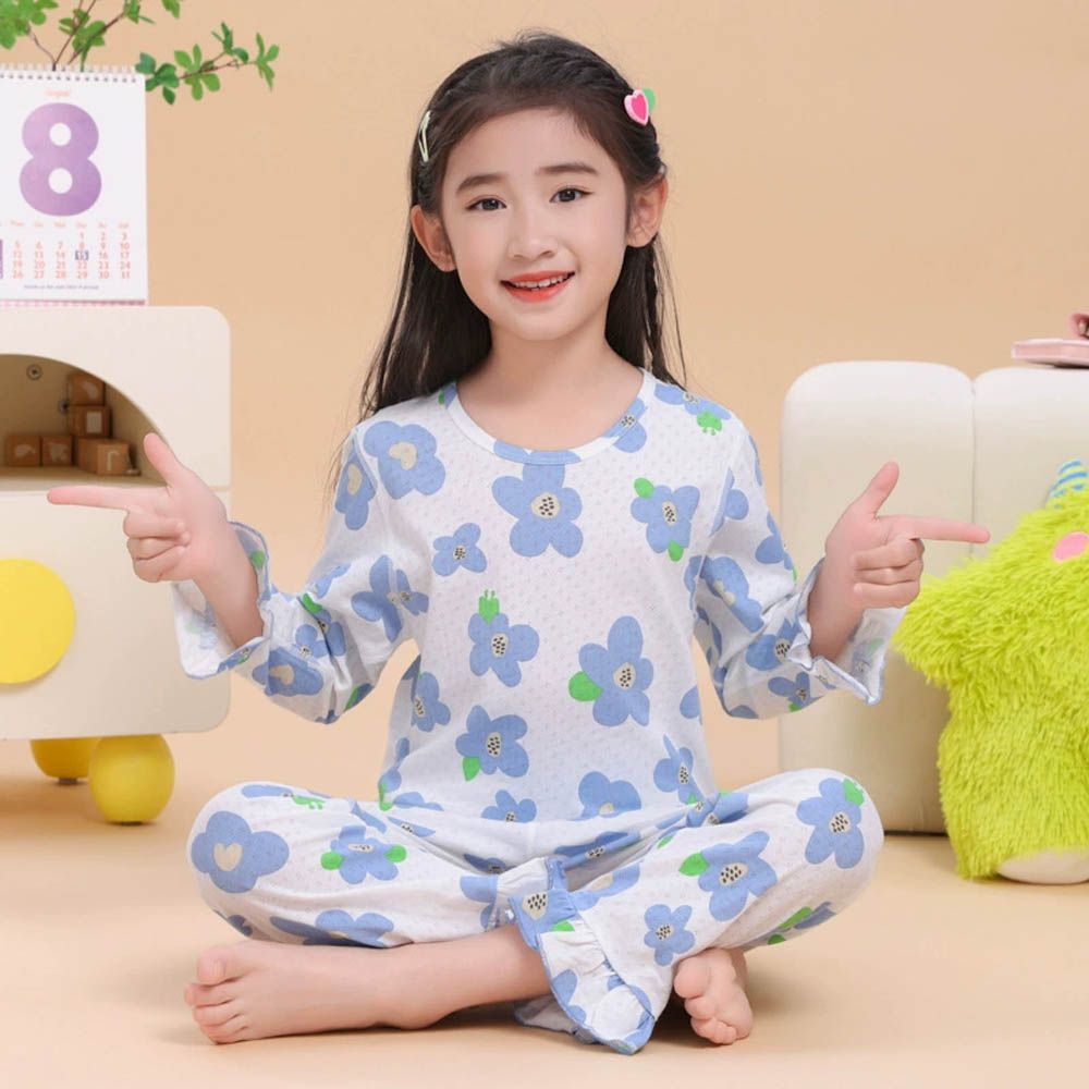 純棉網眼荷葉邊長袖家居服套裝/空調服-藍色花朵