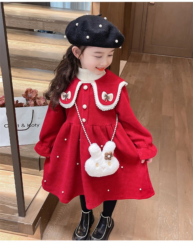 加絨不規則翻領氣質長袖連身洋裝-蝴蝶結-紅色