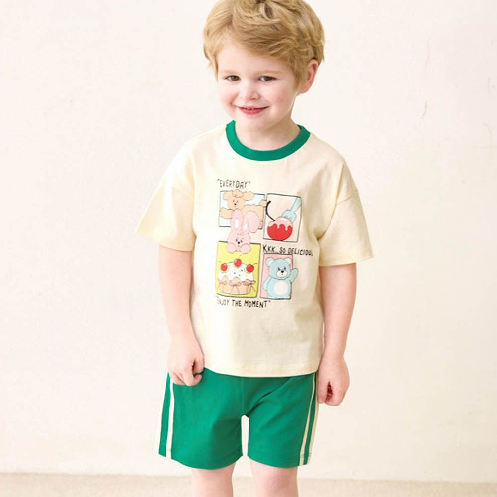 雲朵動物四格漫運動風短袖套裝-米黃X綠