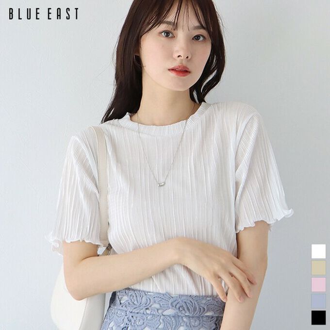 日本 BLUE EAST - 韓國製 圓領貝殼紋光澤短袖上衣-粉紅