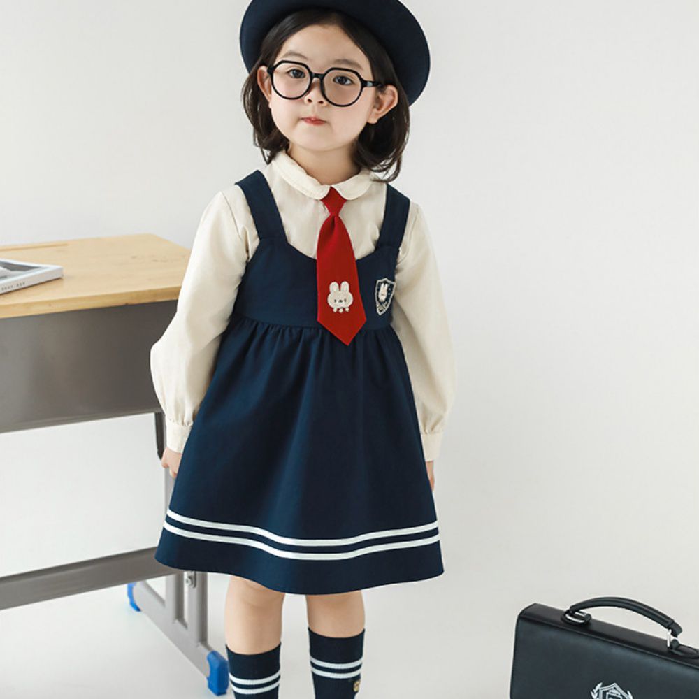 學院風撞色織帶背心裙-小兔子-藏青